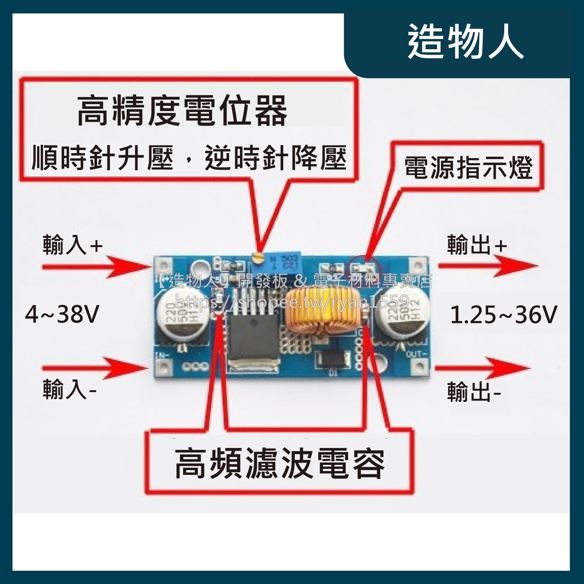 XL4015 DC-DC可調降壓模組 輸入 4~38V 5A大功率 96%高效率 低紋波 贈散熱片