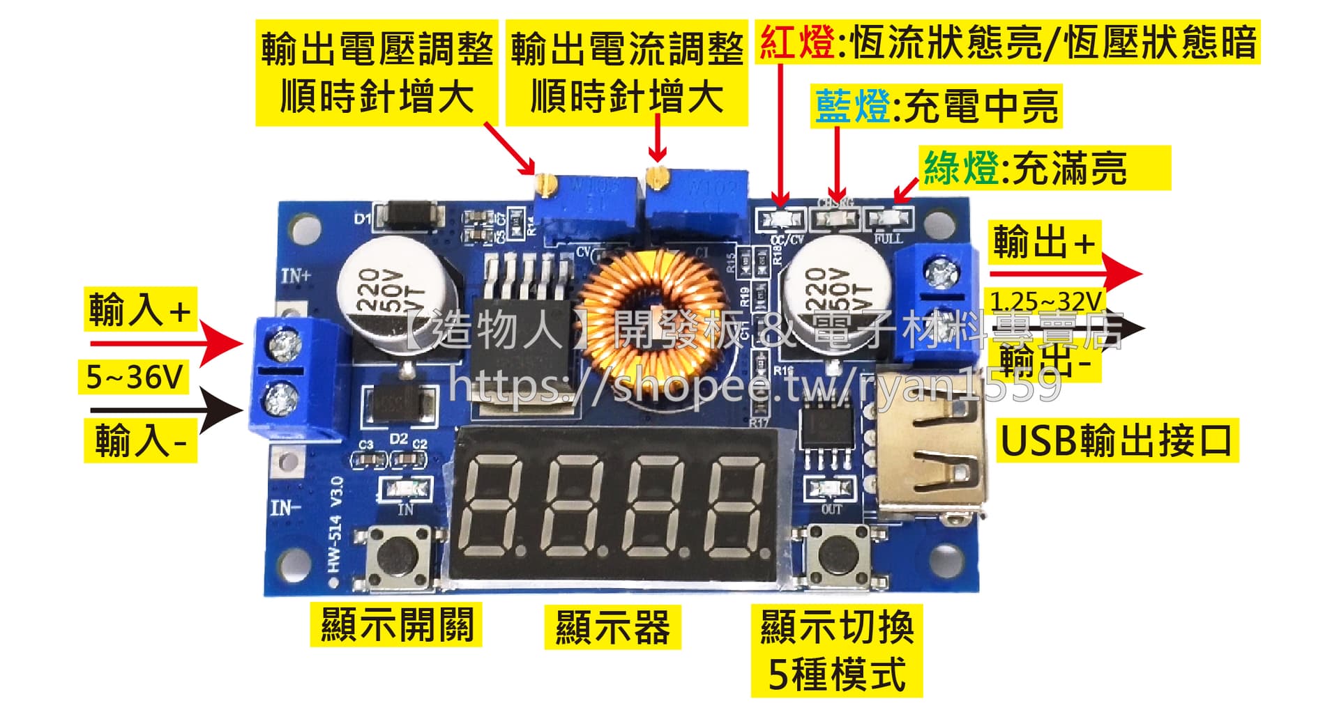 XL4015 恆壓恆流 DC-DC可調降壓模組 帶顯示 LED驅動 鋰電池充電 96%高效率 低紋波